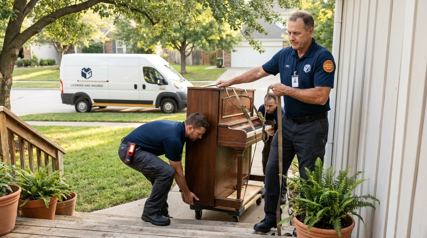 Licensed piano movers securing grand piano in Monon, IN