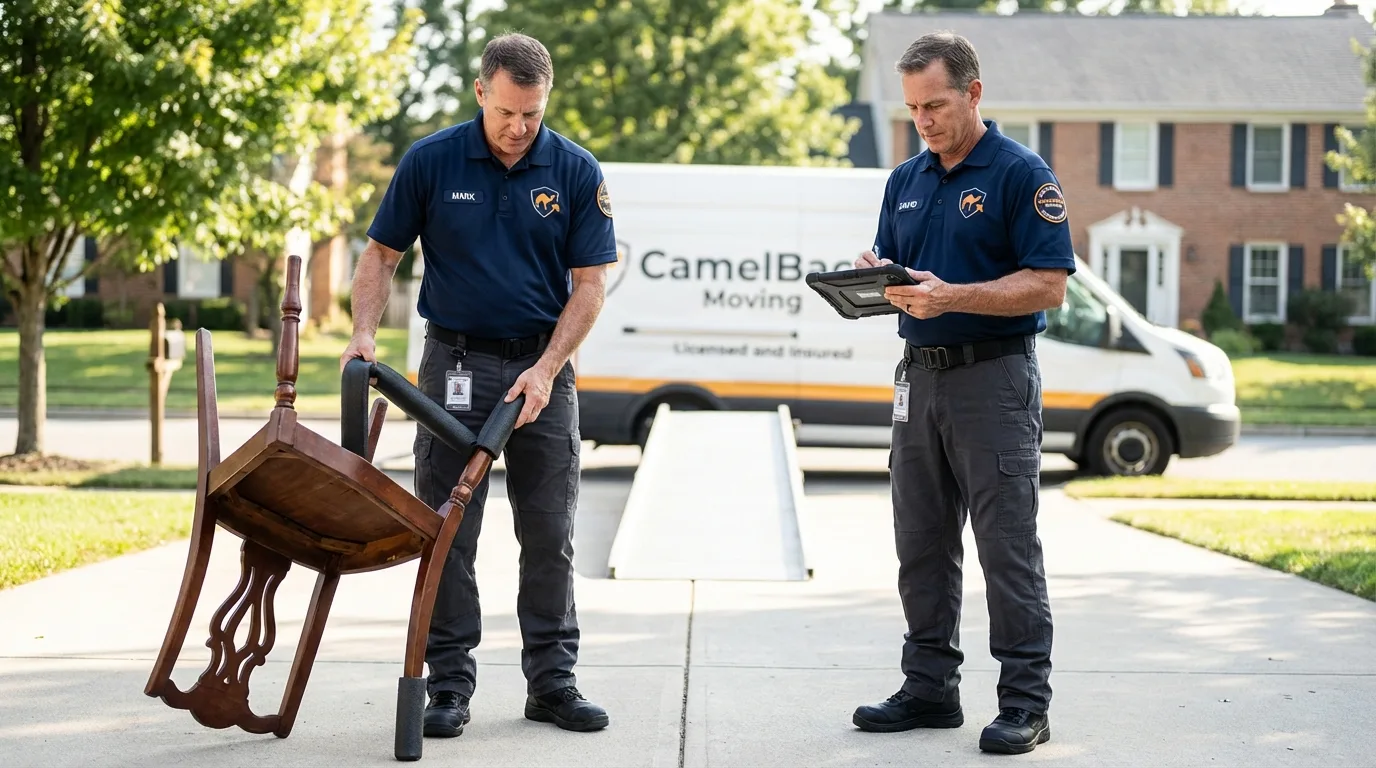 Movers inspecting furniture for damage prevention before loading in Monon, IN