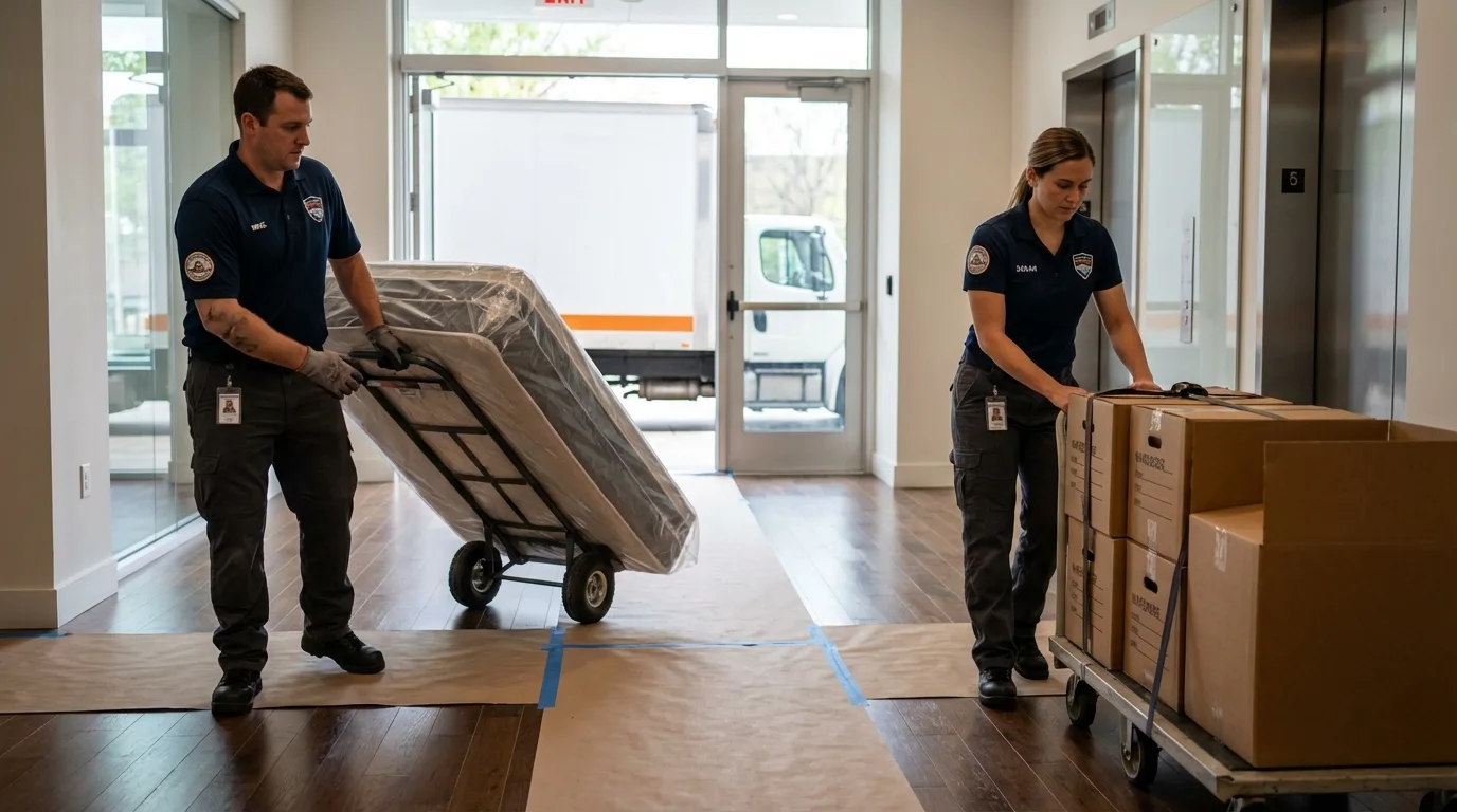 Professional apartment movers loading elevator in Monon, IN