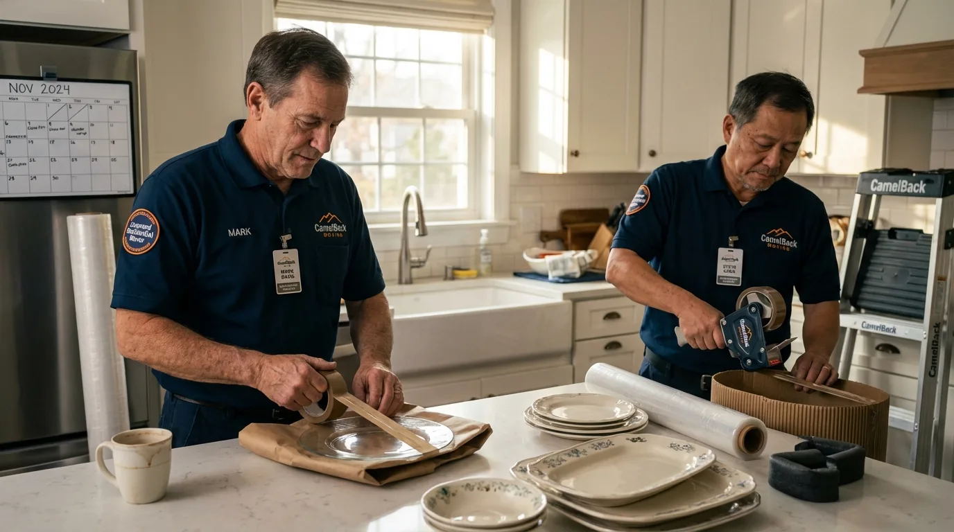 Professional crew packing kitchen dishware in Monon, IN